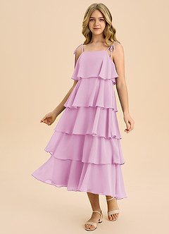 Azazie Shortcake Junior Vestido de Rosa Caramelo de Gasa de Corte en A con Lazo image1