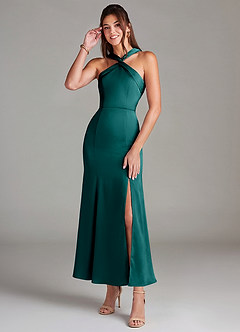 Azazie Rue Bridesmaid Dresses Peacock Mermaid Pleated Stretch Satin Dress image1