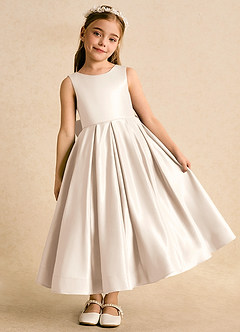 Azazie Cailee Flower Girl Dresses White Alabaster Ball-Gown Pleated Matte Satin Dress image2