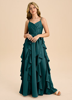 Azazie Peyton Junior Robe Trapèze en Satin extensible Plissée Vert Pin image4