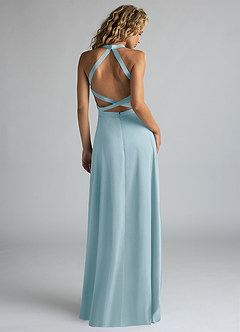 Azazie Clarice Bridesmaid Dresses Moody Blue A-Line High Neck Stretch Satin Dress image3