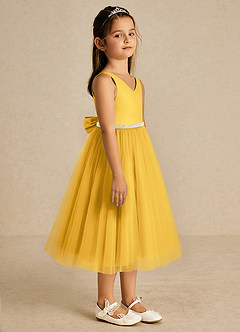 Azazie Firefly Flower Girl Dresses Marigold A-Line Bow Matte Satin Dress image4