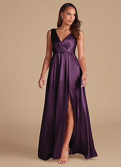 Azazie Tanicia Final Sale Plum A-Line Pleated Metallic Satin Dress image3