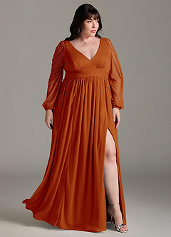 Azazie Norah Bridesmaid Dresses Paprika A-Line V-Neck Long Sleeve Chiffon Dress image9