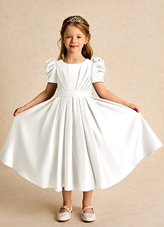 Azazie Miriam Flower Girl Dresses Ivory Ball-Gown Pleated Matte Satin Dress image5
