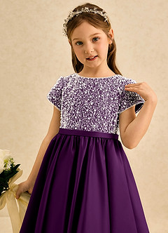 Azazie Cashew Flower Girl Dresses Grape Ball-Gown with Sleeves Matte Satin Dress image6