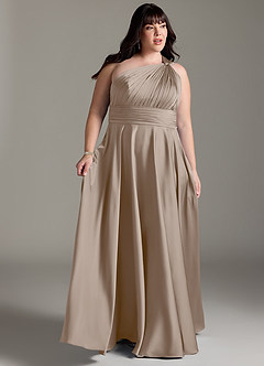 Azazie Charlize Jurken voor bruidsmeisjes Jurk van Stretch Satijn met A-lijn One-shoulder Taupe image11