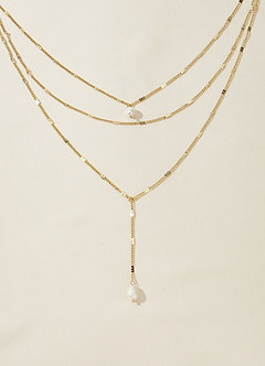 front Layered Chain and Pearl Lariat Necklace