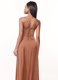Azazie Maksim Bridesmaid Dresses Bronzer A-Line V-Neck Stretch Satin Dress image3