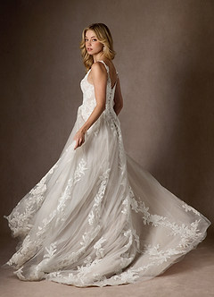 Azazie Delaina Vestidos de novia Vestido de Blanco Diamante Arena de Tul de Corte en A con Lentejuelas cuello pico image10