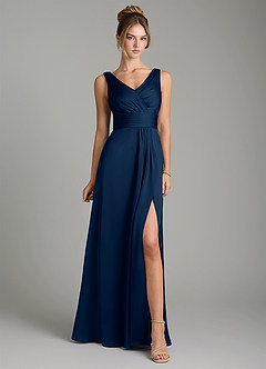 Azazie Karina Robes de demoiselle d'honneur Robe Trapèze en Satin extensible Plissée Bleu Marine Foncé image6