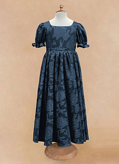 Azazie Joss Flower Girl Dresses Dark Navy A-Line with Sleeves Floral Burnout Dress image4