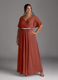 Azazie Tricia Kleider für die Brautmutter A-Linie V-Hals Gefaltet Chiffon Kleid Rotbraun image3