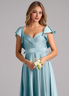 Azazie Leilani Vestidos de damas de honor Vestido de Azul Malhumorado de Satén Elástico de Corte en A con Volante image5
