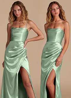 Azazie Leonis Vestidos de damas de honor Vestido de Matcha de Satén Metálico de Corte Sirena Convertible con Plisado image8