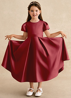 Azazie Princess Flower Girl Dresses Pomegranate A-Line Pleated Matte Satin Dress image3