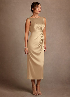 Azazie Mazhe Mother of the Bride Dresses Champagne A-Line Pleated Stretch Satin Dress image4