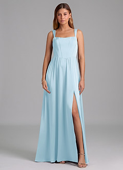 Azazie Rosaline Bridesmaid Dresses Sky Blue A-Line Side Slit Stretch Satin Dress image3