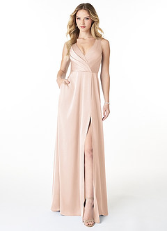 Azazie Nelly Bridesmaid Dresses Blushing Pink A-Line V-Neck Pleated Stretch Satin Dress image1