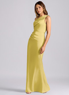 Azazie Akilah Bridesmaid Dresses Canary Mermaid One Shoulder Stretch Satin Dress image5