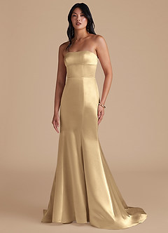 Azazie Aura Vestidos de damas de honor Vestido de Champán de Satén Metálico de Corte Sirena Convertible image6