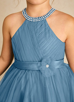 Azazie Honey Venta Final Vestido de Azul Acero de Satin Mate de Corte en A con Perla image6