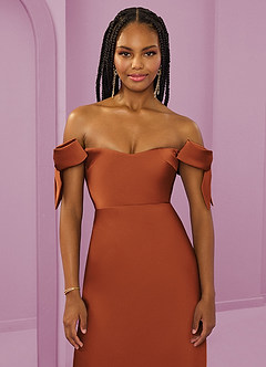 Barbie ♥ Azazie Bridesmaid Dresses Cinnamon Sheath Off the Shoulder Stretch Satin Convertible Dress image5