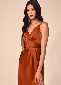 Azazie Aqua Bridesmaid Dresses Burnt Orange A-Line V-Neck Pleated Stretch Satin Dress image6