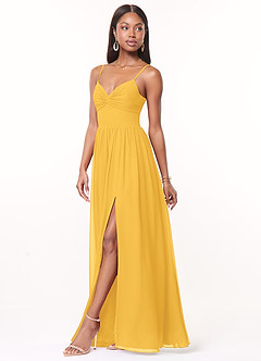 Azazie Zeya Bridesmaid Dresses Marigold A-Line V-Neck Pleated Chiffon Dress image4
