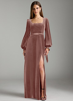 Azazie Leonia Robes de demoiselle d'honneur Robe Trapèze en velours Manche longue Rustikale Rose image1