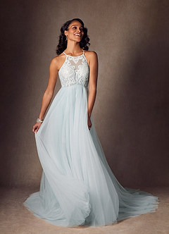 Azazie Odell At-home Try On Dresses Misty Blue A-Line Halter Sequins Tulle Dress image4