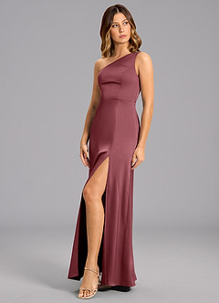 Azazie Phaedra Bridesmaid Dresses Desert Rose A-Line One Shoulder Stretch Satin Dress image3