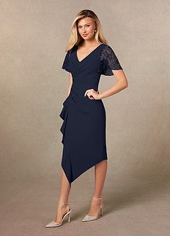 Azazie Eloise Mother of the Bride Dresses Dark Navy Sheath Pleated Stretch Crepe Dress image3