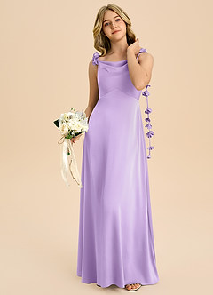 Azazie Gumdrop Junior 엠파이어 주름진 스트레치 새틴 플로어 길이 주니어 신부 들러리 드레스 image2