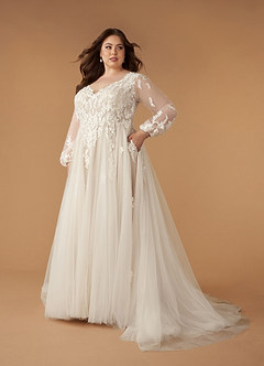 Azazie Anadia Wedding Dresses Diamond White Nude A-Line V-Neck Tulle Dress image6