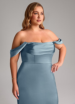 Azazie Saige Bridesmaid Dresses Dusty Blue Sheath Off the Shoulder Stretch Satin Dress image14