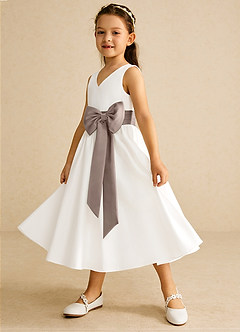 Azazie Darling Flower Girl Dresses Ivory Taupe A-Line Bow Cotton Dress image3