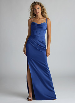Azazie Mai Bridesmaid Dresses Royal Blue Sheath Pleated Stretch Satin Dress image1