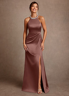 Azazie Lawrence Mother of the Bride Dresses Espresso A-Line Pleated Stretch Satin Dress image1