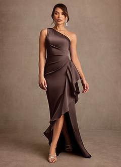 Azazie Yvette Mother of the Bride Dresses Ganache Sheath One Shoulder Stretch Satin Dress image3