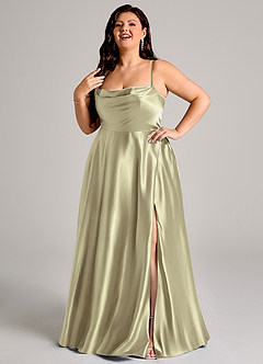 Azazie Elle Bridesmaid Dresses Moss Green A-Line with Pockets Metallic Satin Dress image3
