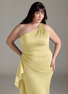 Azazie Latrice Bridesmaid Dresses Lemon Sorbet Sheath One Shoulder Cascading Ruffles Stretch Satin Dress image10