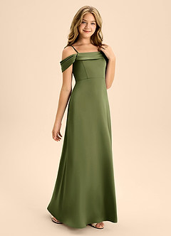 Azazie Anselie Junior Olive A-Line Off the Shoulder Stretch Satin Dress image5