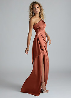 Azazie Maive Bridesmaid Dresses Clay Sheath Ruched Stretch Satin Dress image4