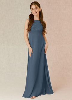 Azazie Snow Junior Vestido de Neptuno de Gasa de Corte en A con Encaje image4