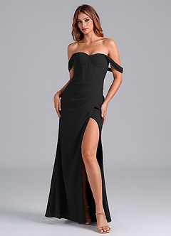 Azazie Asha At-home Try On Dresses Black Sheath Off the Shoulder Chiffon Convertible Dress image1