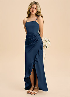 Azazie Buzzy Junior Dark Navy Sheath Pleated Stretch Satin Dress image1