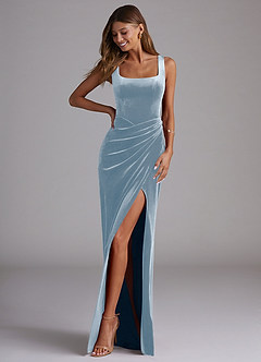 Azazie Mero Bridesmaid Dresses Dusty Blue Sheath Pleated Velvet Dress image1