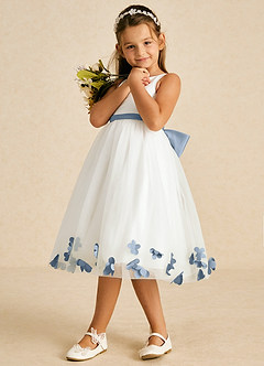 Azazie Dot Blumenmädchenkleider A-Linie Schleifen Tüll Kleid Elfenbein Taubenblau image4