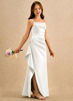 Azazie Cannoli Girls Formal 플라워 걸 드레스 A라인 주름진 매트 새틴 플로어 길이 드레스 image1